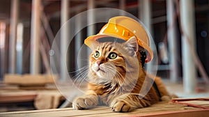 A cat with a meter ribbon, measuring the space for construction