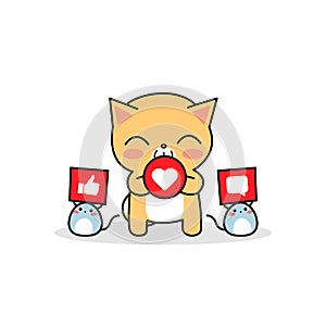 Cat with mice holds social icons heart thumb up and comment. Social activity. Vector illustration EPS 10