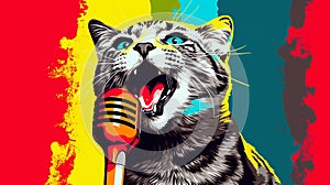 a cat with a microphone is looking up while the cat sings