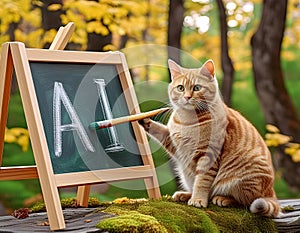 a cat in the middle of the forest is writing on a blackboard