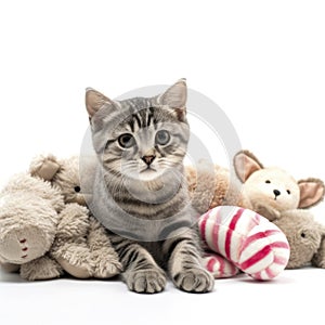 A cat in the middle of plushies