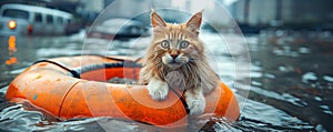 Cat midst of a city flood clings to a orange buoy. Urban survival and resilience animals in flood