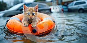 Cat midst of a city flood clings to a orange buoy. Urban survival and resilience animals in flood photo