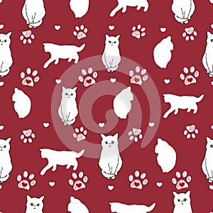 Cat mom. Happy Mother's day seamless pattern design cats with paw prints red background