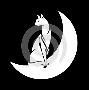 Cat and moon black and white vector silhouette