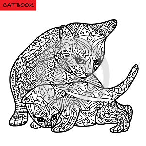 Cat mother and her kitten - coloring book for adults - zentangle cat book