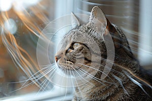 A cat with motion blur is looking out of a window