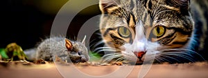 cat and mouse, beast hunters rodents in nature, banner made with Generative AI