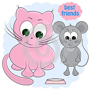 Cat and mouse. best friends. cartoon vector illustration.