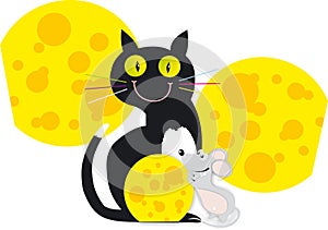 Cat mouse cheese moon two one yellow black grey