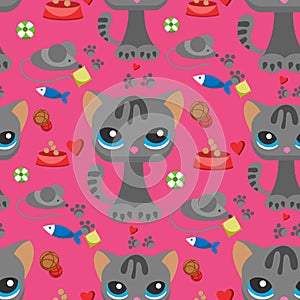 Cat and mouse cute kitty pet cartoon cute animal cattish character seamless pattern background catlike illustration photo