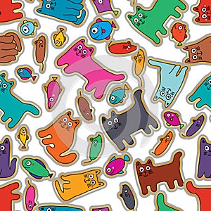 Cat mouse fish colorful rotate sticker seamless pattern