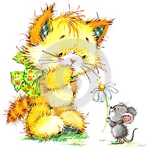 Cat and mouse. kid background for celebrate festival and birthday party. watercolor