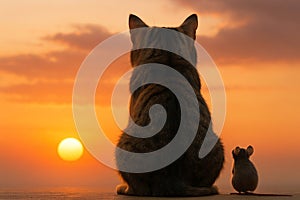 A cat and a mouse look at the sunset together. Space for text.