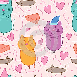 Cat mouse party pastel color seamless pattern