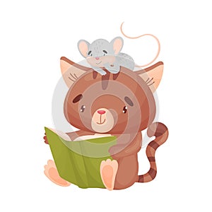 Cat and mouse are reading a book. Vector illustration on white background.