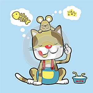 Cat and mouse thinking about foods, vector cartoon illustration