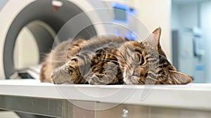 Cat in MRI - Magnetic resonance imaging scan device in veterinary clinic.