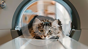 Cat in MRI - Magnetic resonance imaging scan device in veterinary clinic.