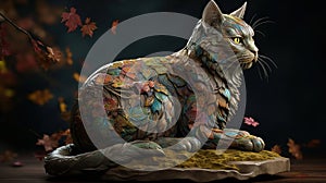 Cat multicolor in autumn color kimono, wooden art nouveau swirls, subsurface scattering, highly detailed, AI Generative