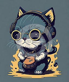 Cat Musician Drummer Character Concept With Headphones 1