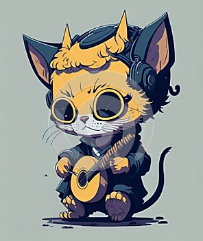 Cat Musician Guitarist Character Concept With Headphones 1