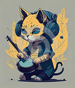Cat Musician Guitarist Character Concept With Headphones 3