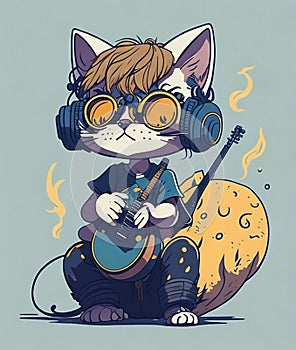Cat Musician Guitarist Character Concept With Headphones 5