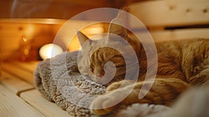 A cat napping on a pillow near the sauna clearly enjoying the residual warmth. photo