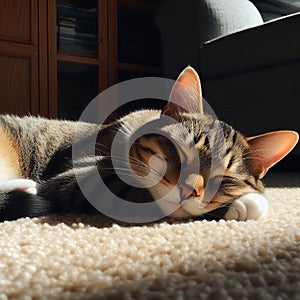A cat napping in a sunbeam on a carpeted floor, completely at a