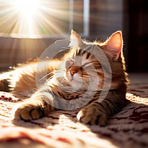 a cat napping in a sunbeam on a carpeted floor completely at as