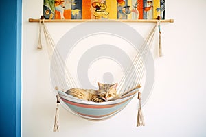 cat napping in a wallmounted hammock