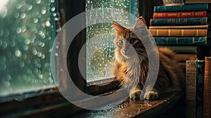 Cat near books in rainy window - AI Generated