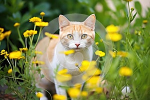 cat near marigold plants as pest deterrent