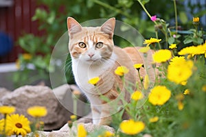 cat near marigold plants as pest deterrent