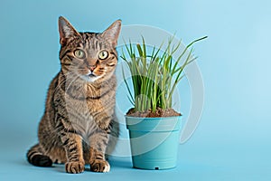 Cat next to potted grass \'Cyperus Zumula\' used for cats to help them throw up hair balls on blue studio background