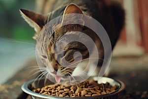 cat nibbling on a bowl of dry kibble