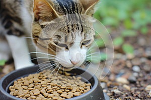 cat nibbling on a bowl of dry kibble