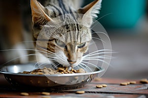 cat nibbling on a bowl of dry kibble