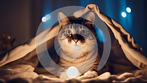 cat in the night A playful cat with bright, glowing eyes, hiding under a blanket fort with a flashlight,