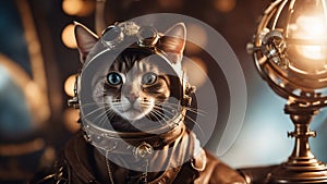 cat in the night a steampunk, Cat astronaut in space on background of the globe.