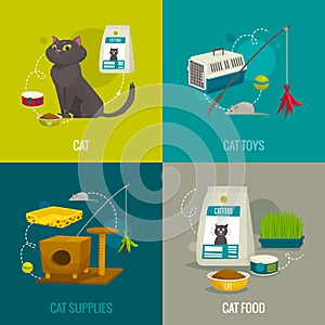 Cat objects square compositions, vector cartoon illustration, pet care concepts