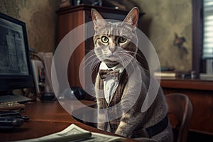 Cat in an office suit is sitting at a desk in the office. Cat manager accountant