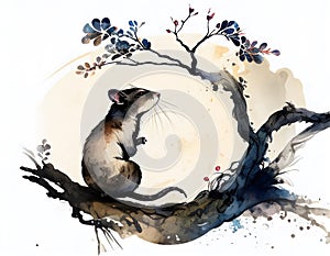 The cat, one of 12 chinese zodiac animal, sit and watch the sky and painted in the way of chinese style.