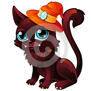 Cat in orange hat with moonstone. Mystical animal. Funny cartoon pet, symbol of Halloween. Vector isolated