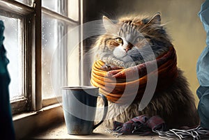 A cat in orange scarf seating on a window sill indoors  with a blue mug. Created with Generative AI