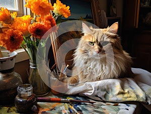 Cat Painting, Painter Cat Portrait, Artistic Workshop, Professional Kitty Painter Works at Home
