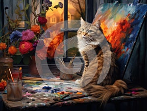 Cat Painting, Painter Cat Portrait, Artistic Workshop, Professional Kitty Painter Works at Home