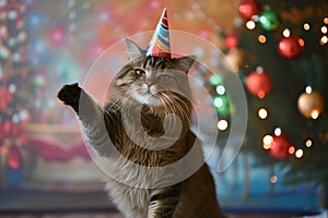 cat with a party hat doing the chacha with a festive background