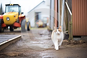 a cat on patrol between farm equipment and storage sheds